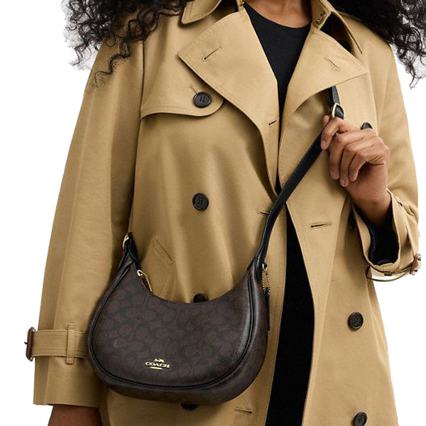 Coach Emily Shoulder Bag In Signature Canvas Walnut Black Dark Brown # CDX17