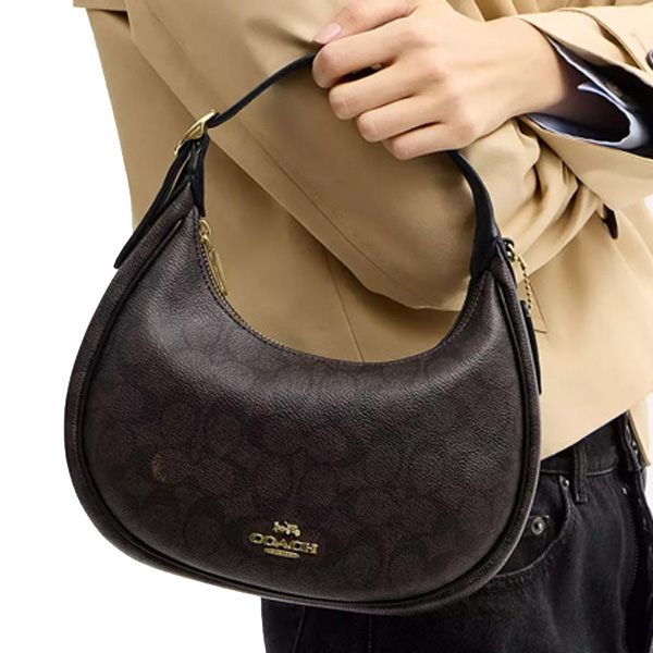 Coach Emily Shoulder Bag In Signature Canvas Walnut Black Dark Brown # CDX17