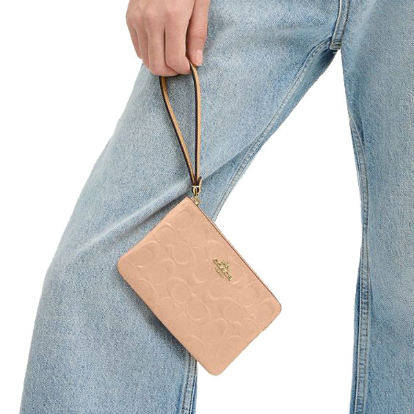 Coach Corner Zip Wristlet In Signature Leather With Charm Faded Blush Blush Pink # CEX36