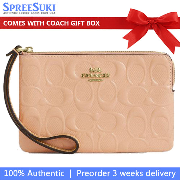 Coach Corner Zip Wristlet In Signature Leather With Charm Faded Blush Blush Pink # CEX36
