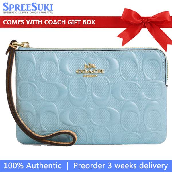 Coach Corner Zip Wristlet In Signature Leather With Charm Light Blue Light blue # CEX36