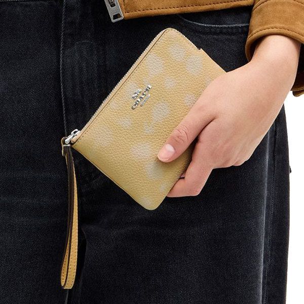 Coach Corner Zip Wristlet With Floral Print Silver Washed Yellow # CEF79