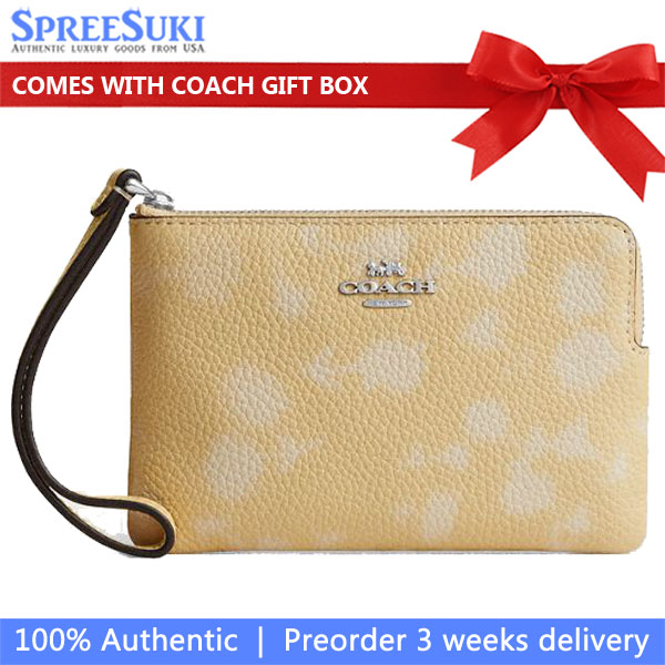 Coach Corner Zip Wristlet With Floral Print Silver Washed Yellow # CEF79