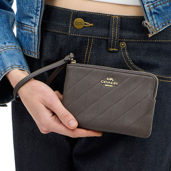 Coach Corner Zip Wristlet With Quilting Slate Dark Grey # CEL99