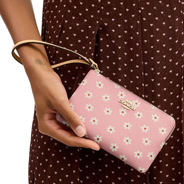 Coach Corner Zip Wristlet With Floral Print Pink Multi # CEX39
