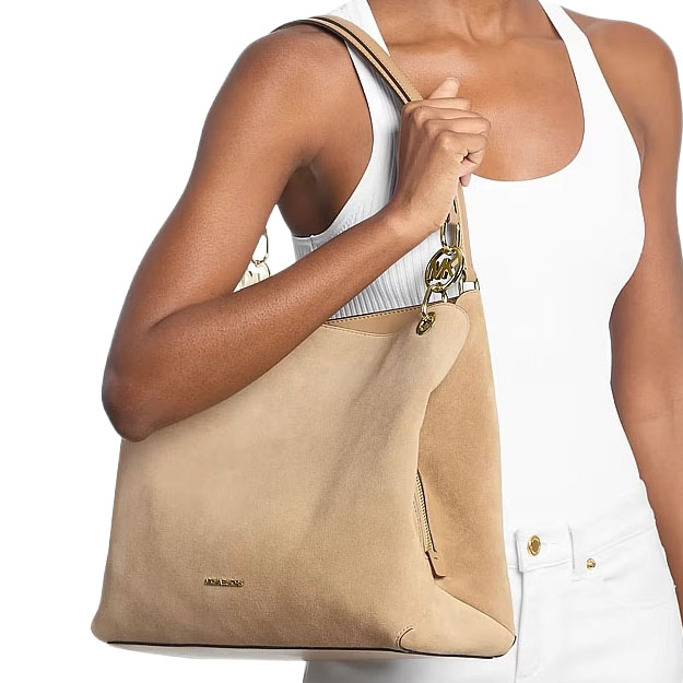 Michael Kors Christina Large Suede Shoulder Bag Camel Beige # 35R6G8WE6S
