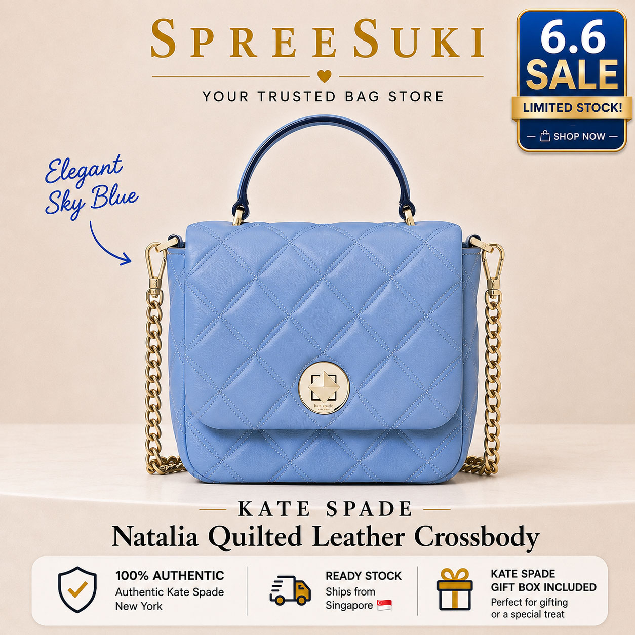 Kate Spade Sling Bag Natalia Smooth Quilted Square Crossbody Dusty Blue # K8162
