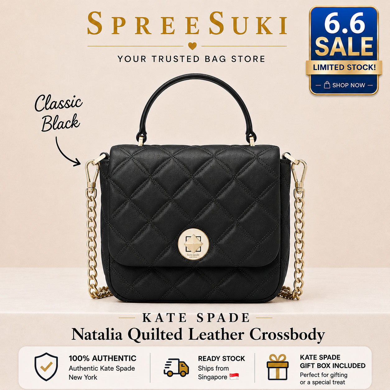 Kate Spade Sling Bag Natalia Quilted Smooth Leather Square Crossbody Black # K8162