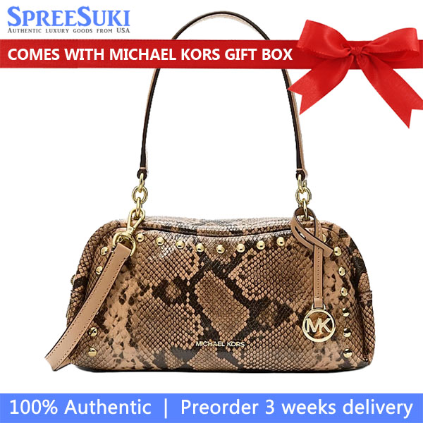 Michael Kors Cecily Small Studded Snake Embossed Shoulder Bag Camel Beige # 35S6G8CL1G