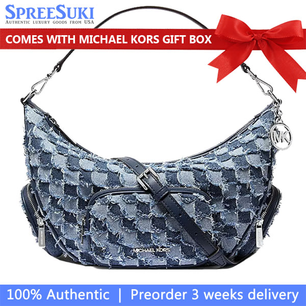 Michael Kors Merritt Medium Patchwork Denim Convertible Shoulder Bag Washed Denim Blue Denim # 35T6S0WS8C
