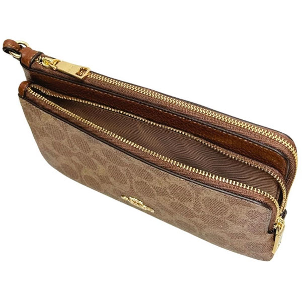 Coach Large Wristlet Double Zip Wallet In Signature Canvas Tan Brown # CX161D1