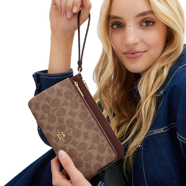 Coach Large Wristlet Double Zip Wallet In Signature Canvas Tan Brown # CX161D1