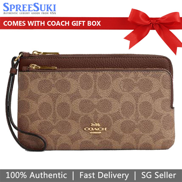 Coach Large Wristlet Double Zip Wallet In Signature Canvas Tan Brown # CX161D1