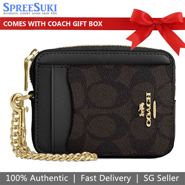 Coach Zip Card Case Signature Card Holder Walnut Black Brown # CW883