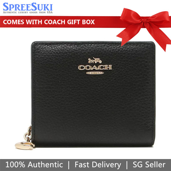 Coach Small Wallet Pebble Leather Snap Wallet Black # C2862