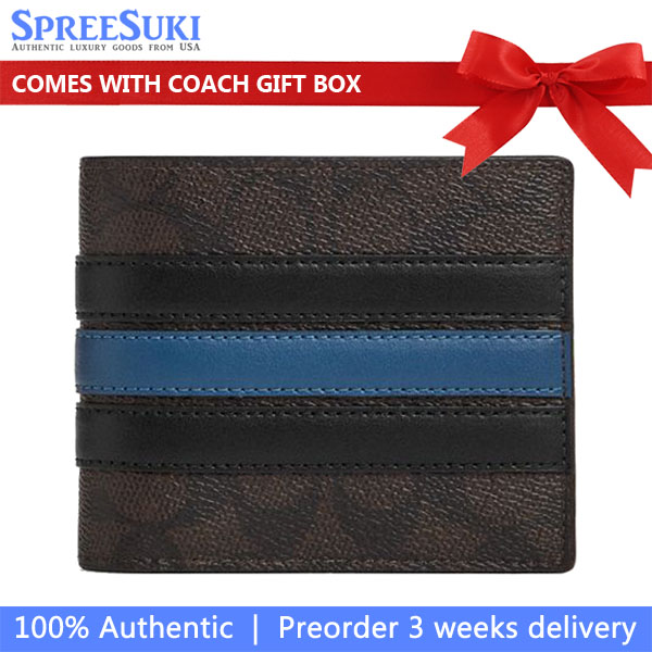 Coach Men 3-In-1 Wallet In Signature Canvas With Varsity Stripe Walnut Multi Dark Brown # CW385