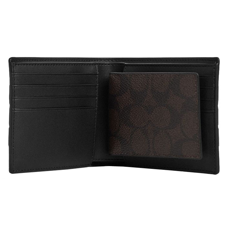 Coach Men 3-In-1 Wallet In Signature Canvas With Varsity Stripe Walnut Multi Dark Brown # CW385