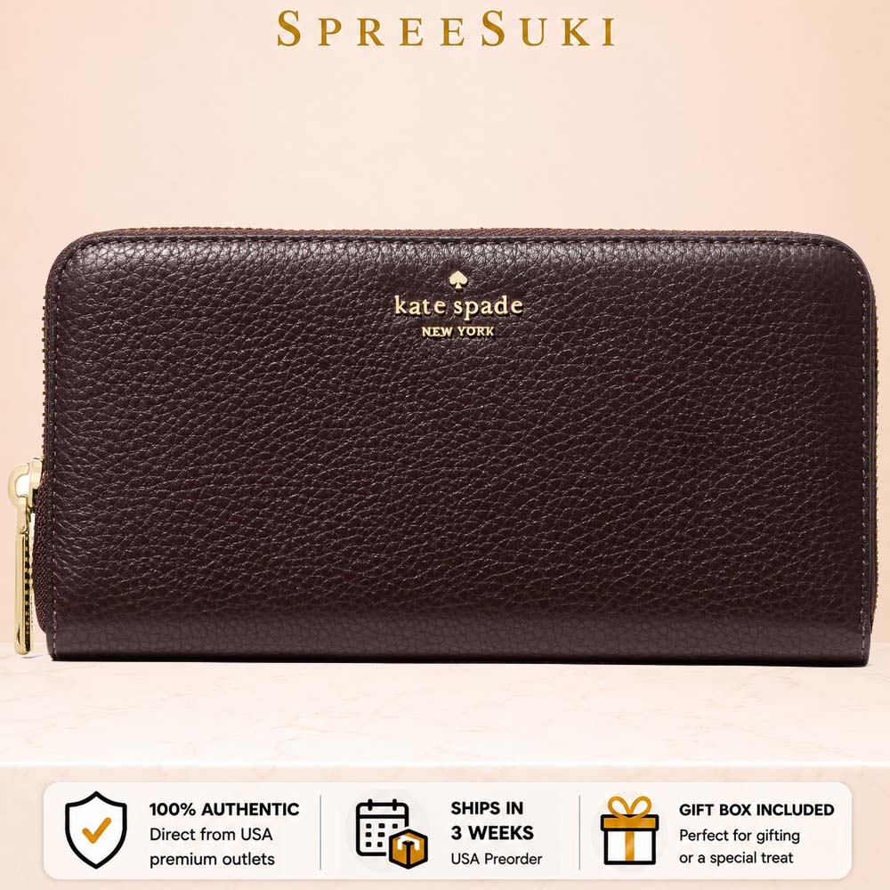 Kate Spade Long Wallet Lena Pebbled Leather Large Continental Wallet Zip Around Hot Fudge Chocolate # KH786