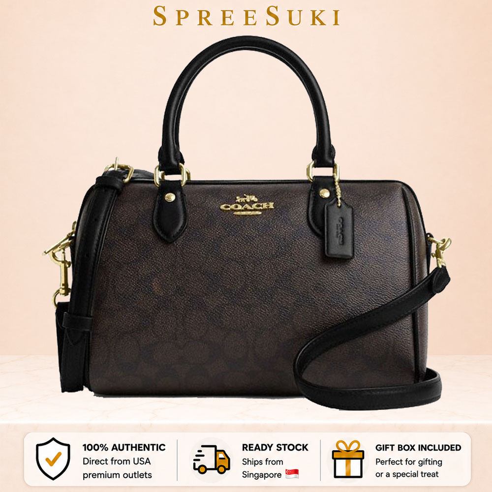 Coach Rowan Satchel Bag In Signature Canvas Walnut Black Dark Brown # CV961