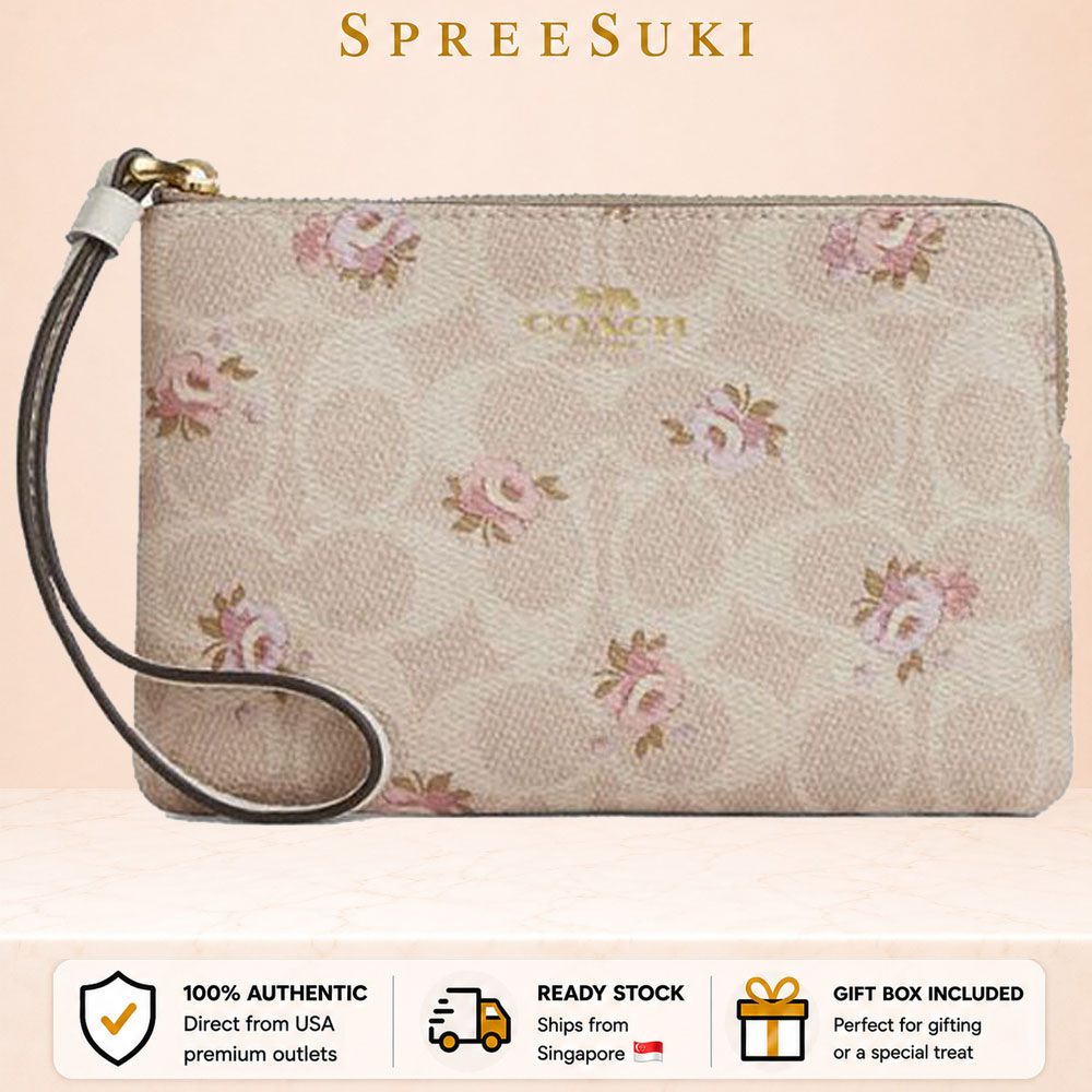 Coach Small Wristlet Wallet Corner Zip Wristlet In Signature Canvas With Floral Print Sand Multi # CAR20