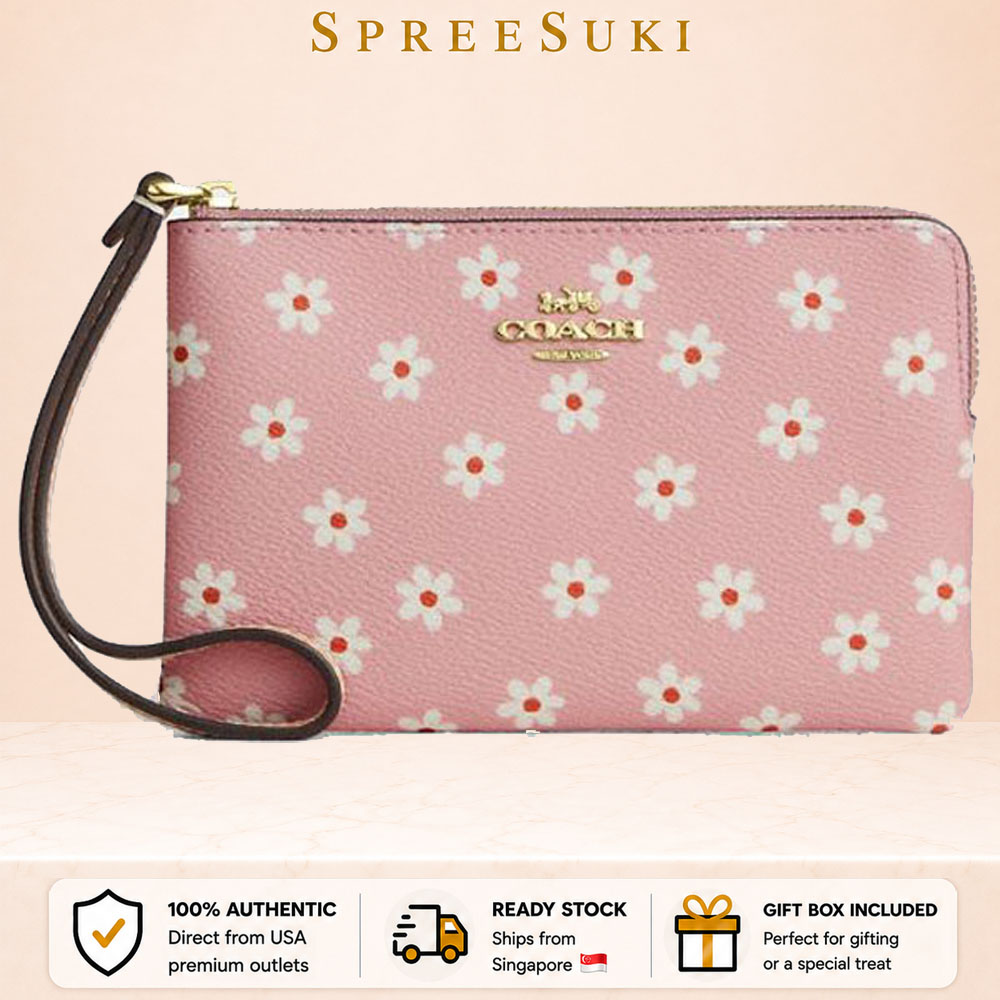 Coach Small Wristlet Wallet Corner Zip Wristlet With Floral Print Pink Multi # CEX39