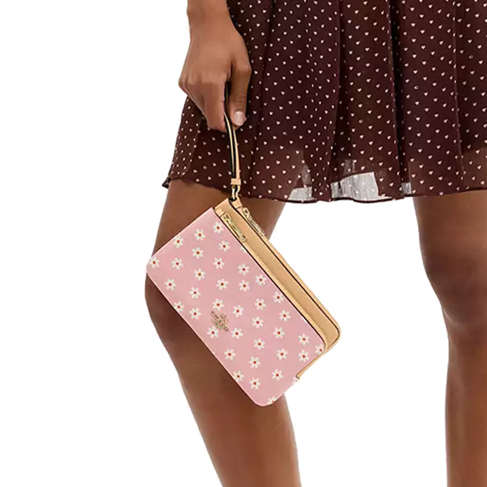 Coach Large Double Zip Wristlet With Floral Print Pink Multi # CEY48