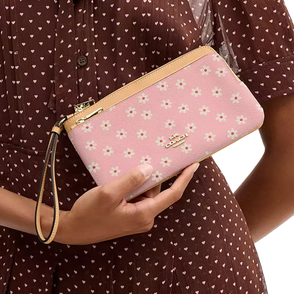 Coach Large Double Zip Wristlet With Floral Print Pink Multi # CEY48