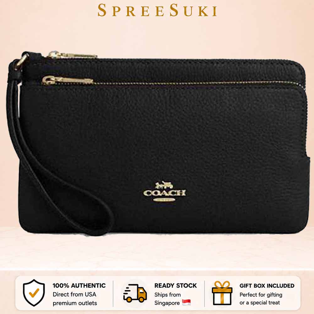 Coach Large Wristlet Pebbled Leather Double Zip Wallet Black # CU919