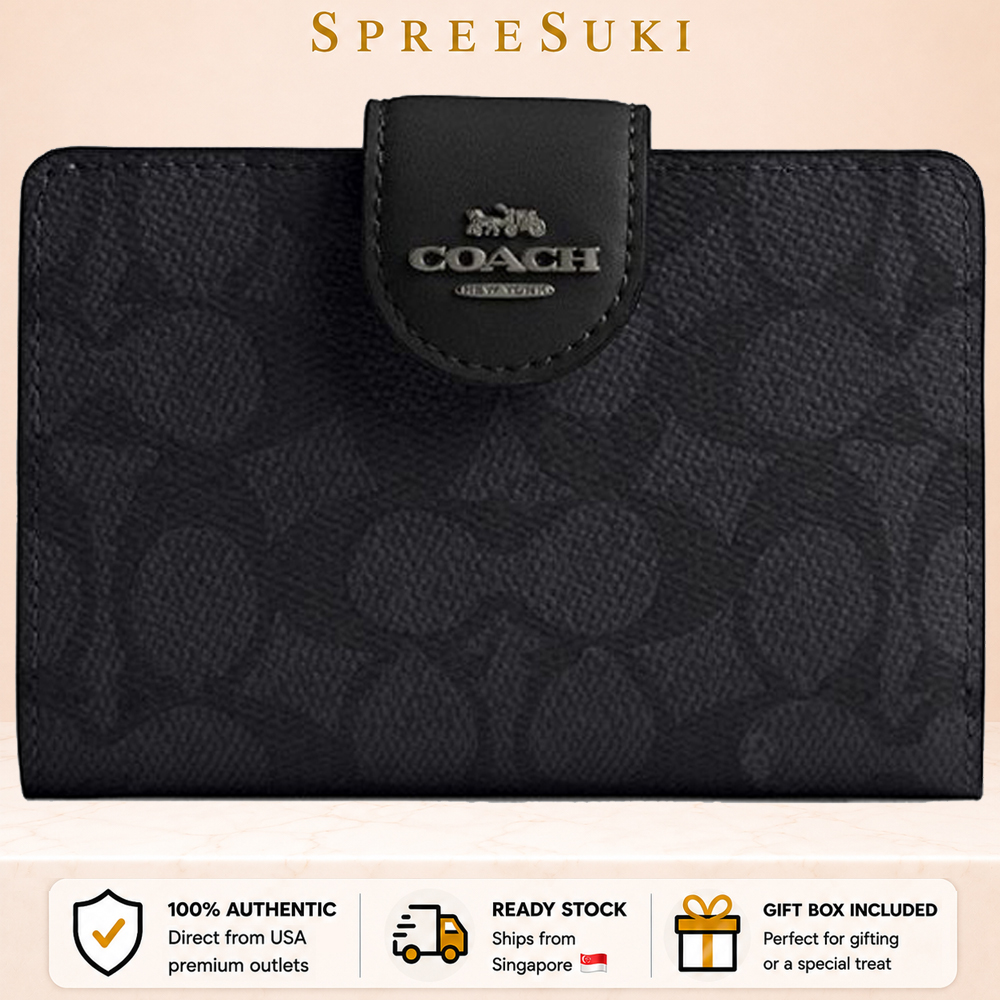 Coach Medium Corner Zip Wallet In Signature Canvas Gunmetal Charcoal Black # CW786