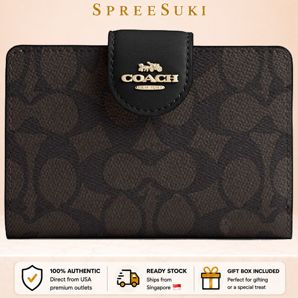 Coach Medium Corner Zip Wallet In Signature Canvas Walnut Black Dark Brown # CW786