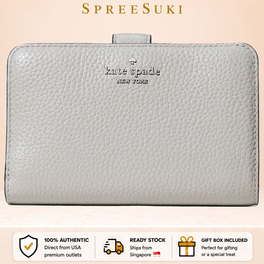 Kate Spade Medium Wallet Lena Pebbled Leather Medium Compact Bifold Wallet Platinum Grey Light Grey # KH787