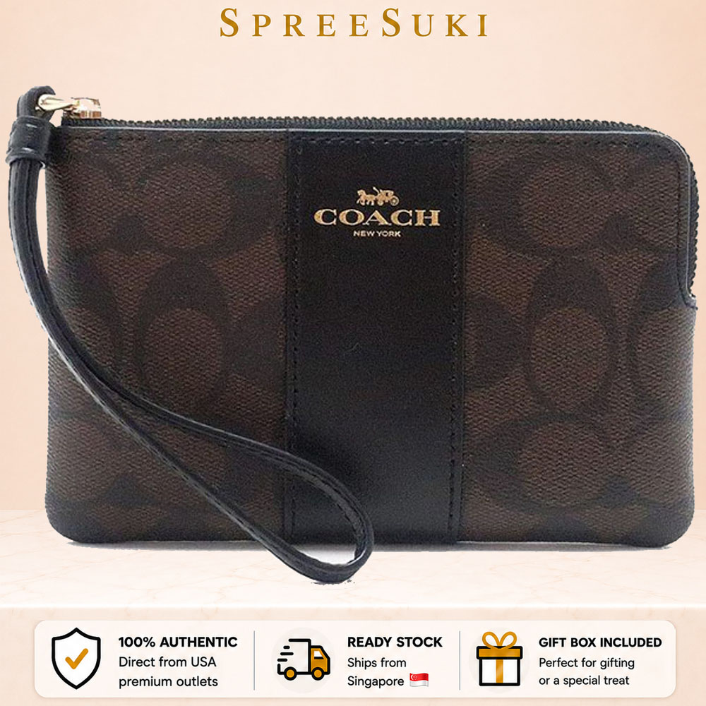Coach Small Wristlet Corner Zip Signature Leather Stripe Walnut Black Dark Brown # CW854
