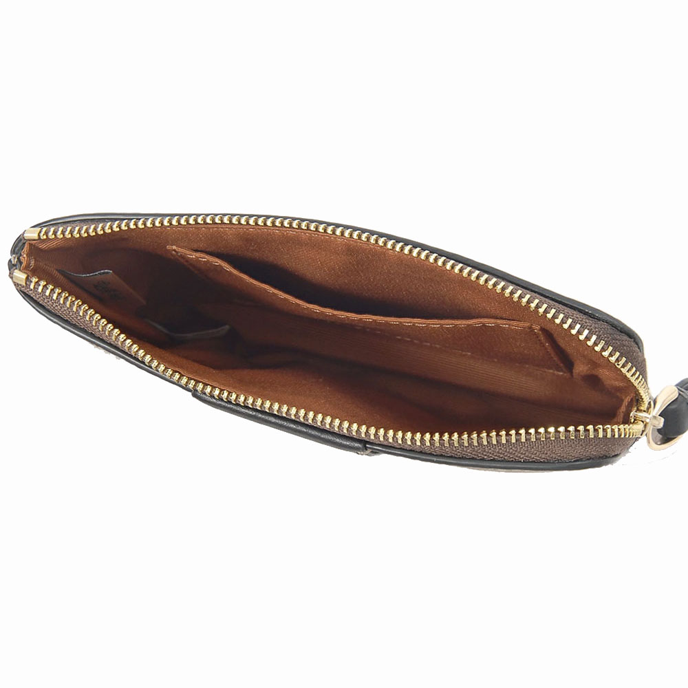 Coach Small Wristlet Corner Zip Signature Leather Stripe Tan Black # CW854