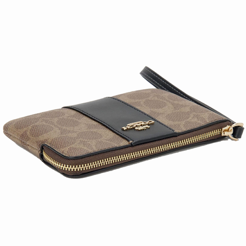 Coach Small Wristlet Corner Zip Signature Leather Stripe Tan Black # CW854