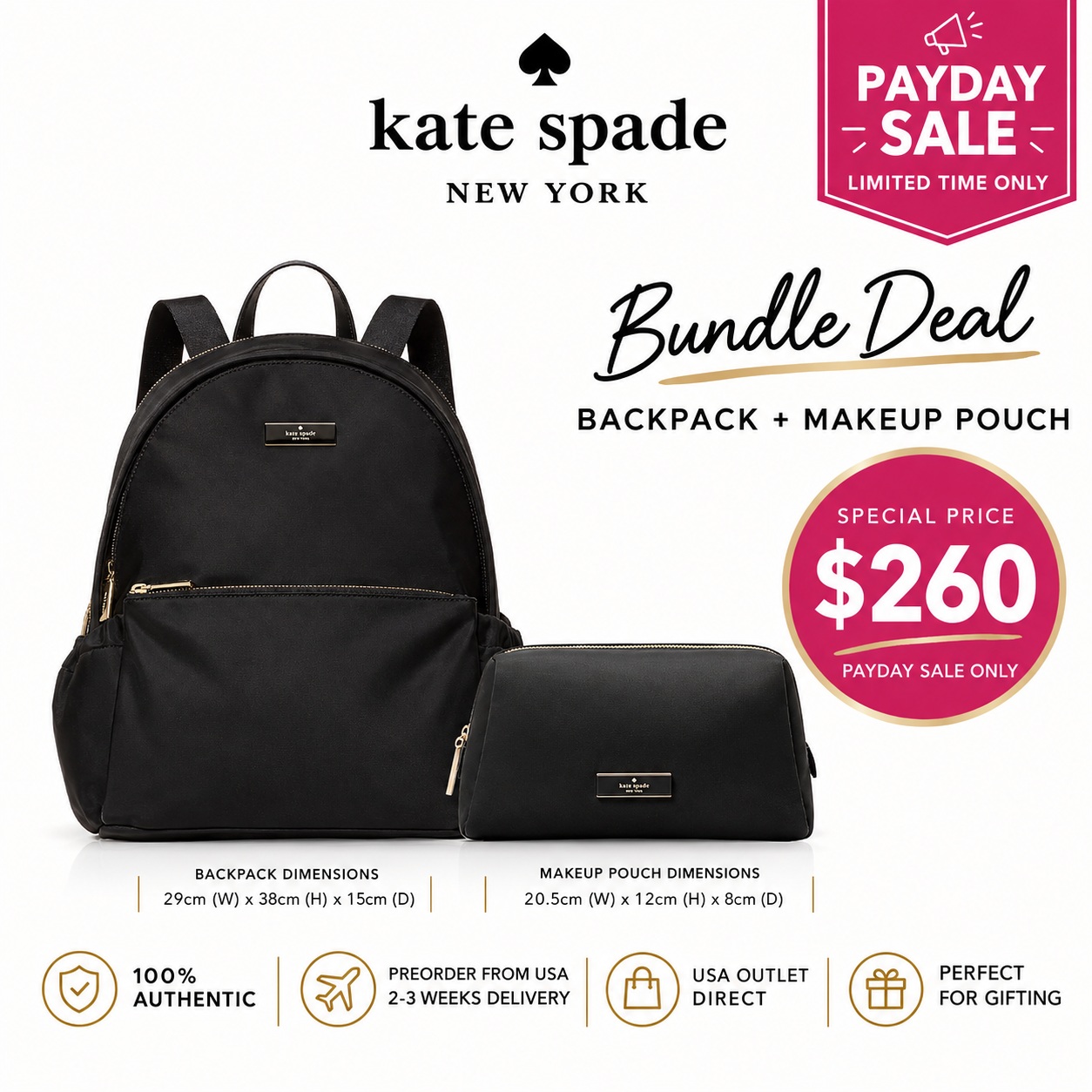 Kate Spade Bundle Deal - Backpack Kp111 + Makeup Pouch Kl875 Black # KP111-KL875