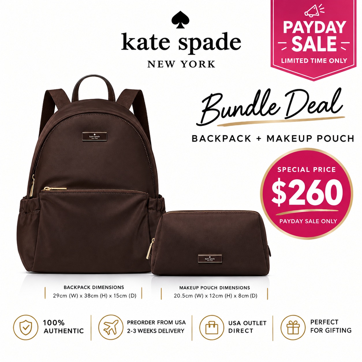 Kate Spade Bundle Deal - Backpack Kp111 + Makeup Pouch Kl875 Hot Fudge Brown # KP111-KL875
