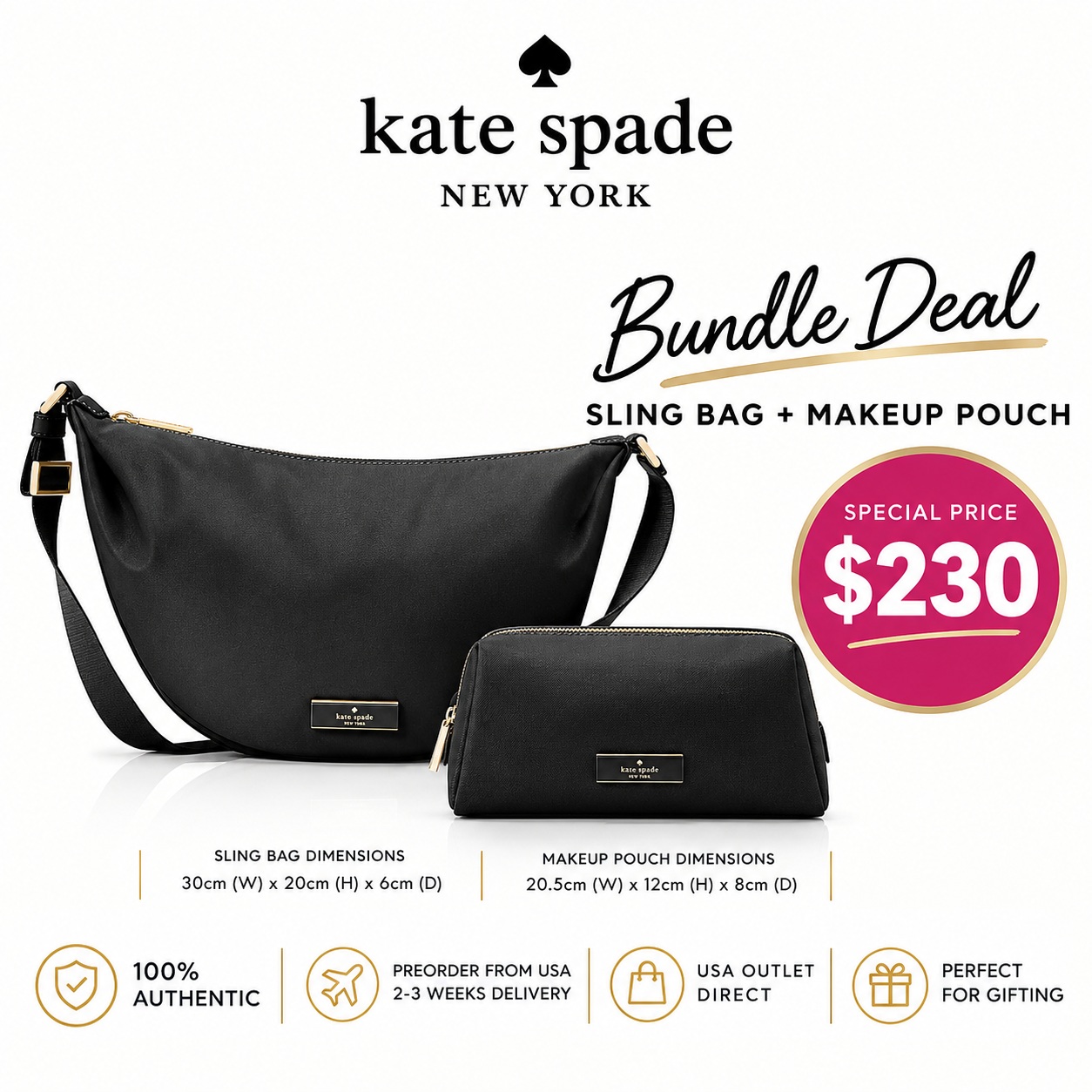 Kate Spade Bundle Deal - Sling Bag + Makeup Pouch Black # KL966-KL875
