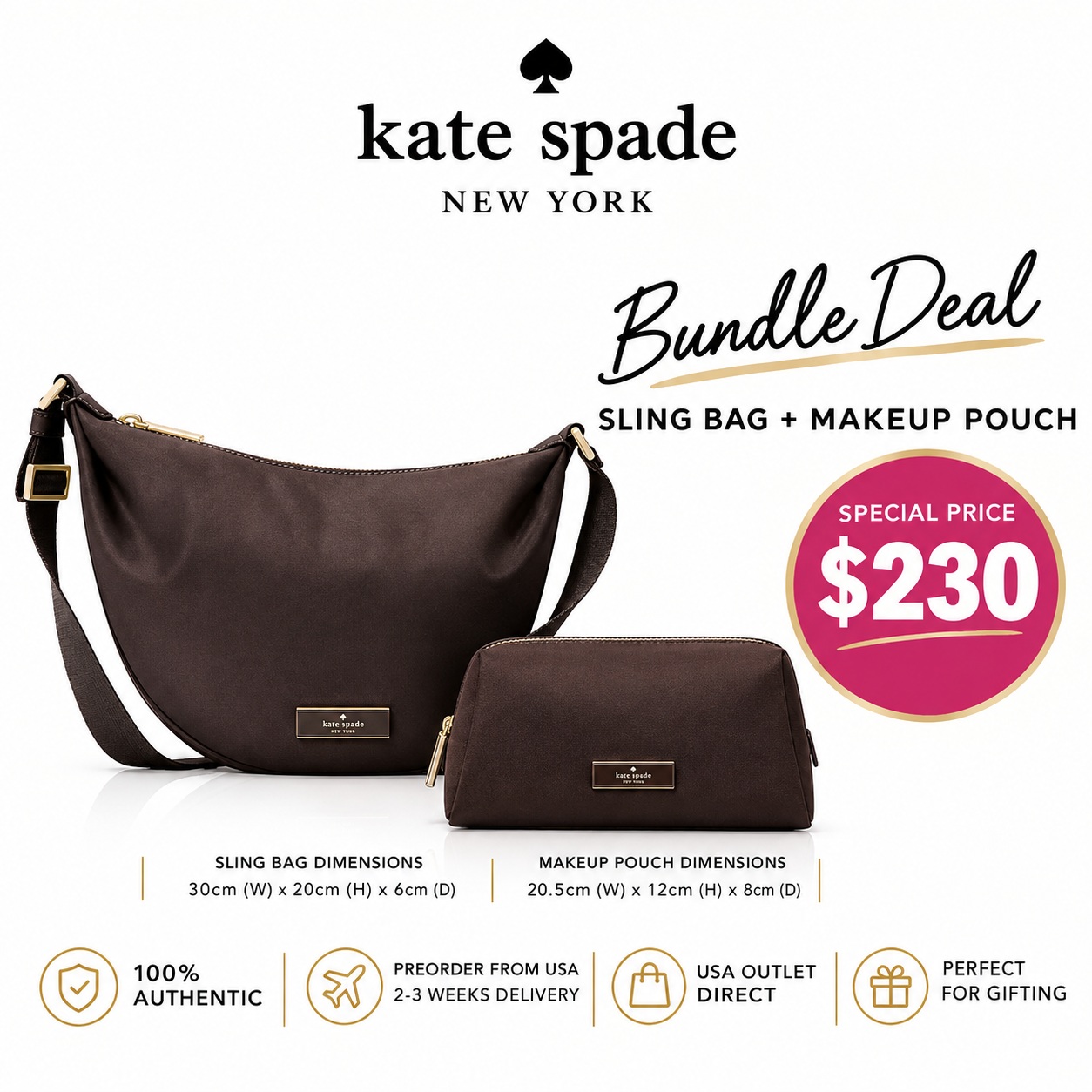 Kate Spade Bundle Deal - Sling Bag + Makeup Pouch Hot Fudge Brown # KL966-KL875
