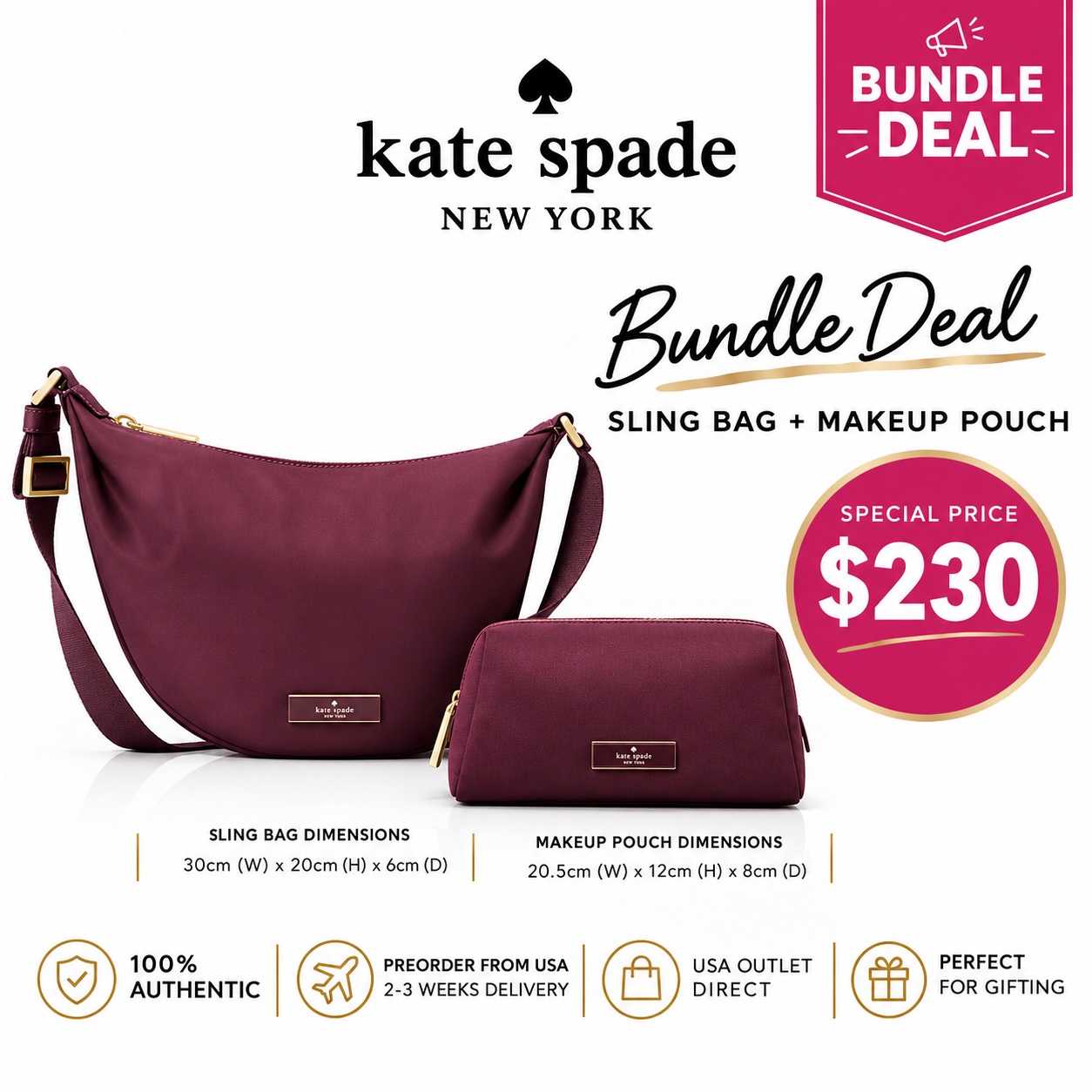Kate Spade Bundle Deal - Sling Bag + Makeup Pouch Deep Cherry Burgundy # KL966-KL875