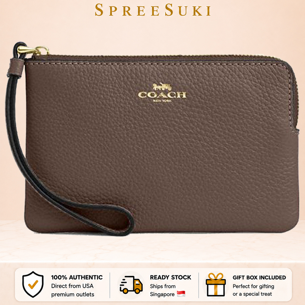 Coach Small Wristlet Pebbled Leather Corner Zip Wristlet Pouch Dark Stone Dark Brown # CP483