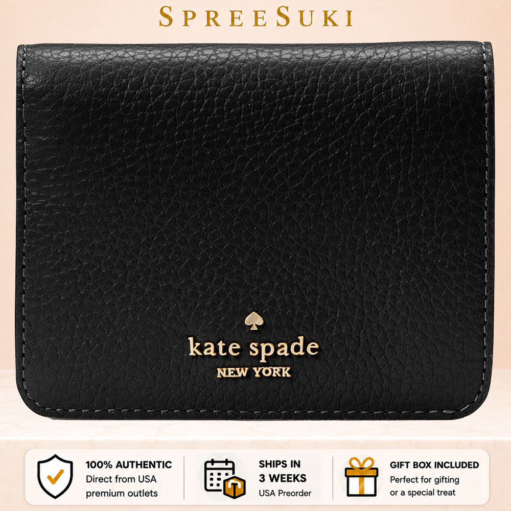 Kate Spade Small Wallet Lena Pebbled Leather Small Slim Bifold Wallet Black # KH788