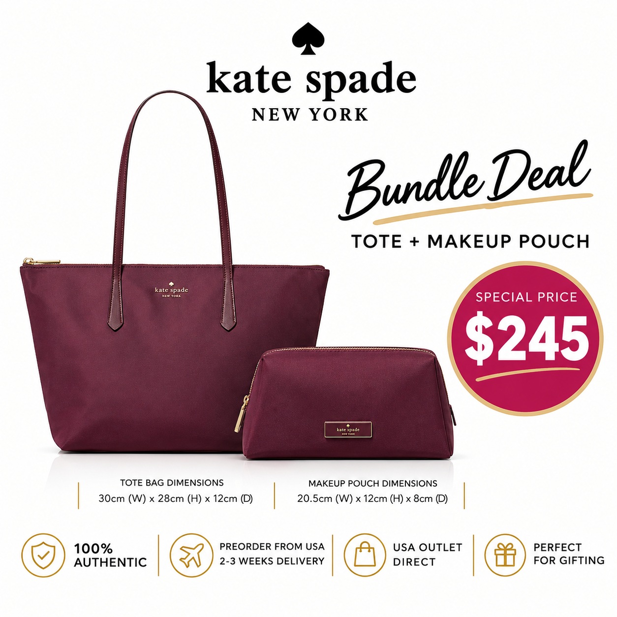 Kate Spade Bundle Deal - Tote Bag And Makeup Pouch Deep Cherry Burgundy # KC455-KL875