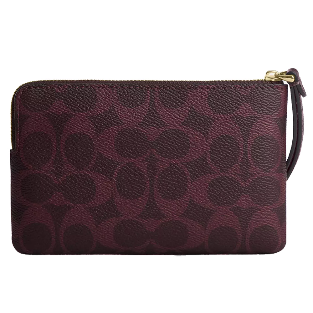 Coach Corner Zip Wristlet In Signature Canvas Black Currant Brown # CEY93