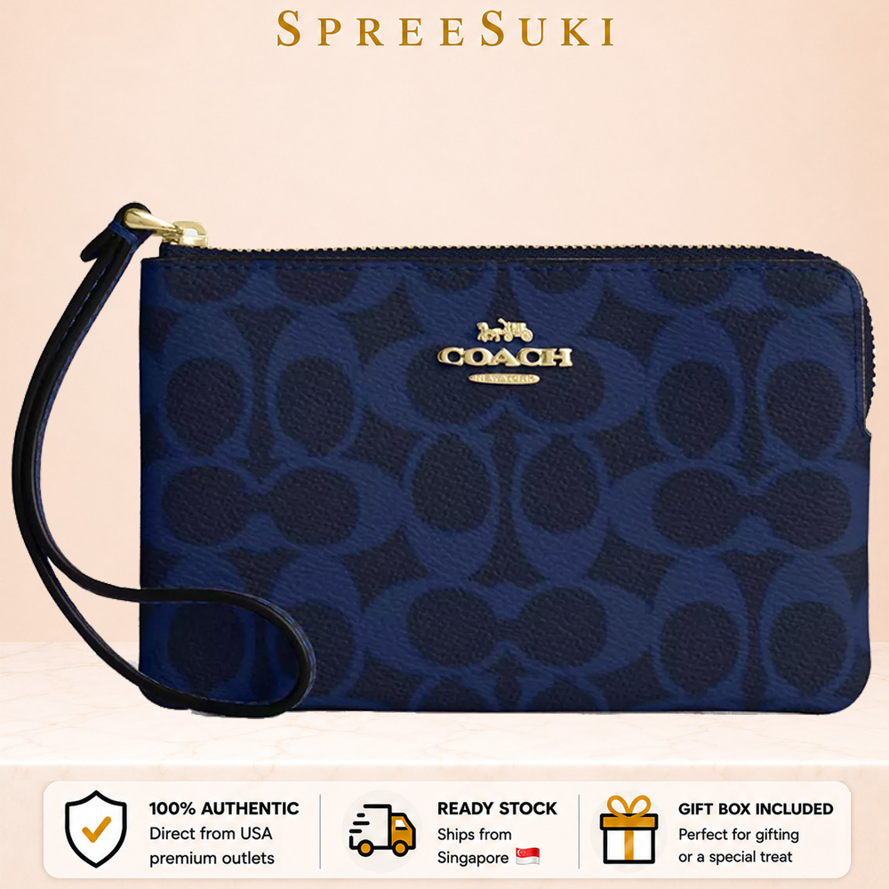 Coach Corner Zip Wristlet In Signature Canvas Navy # CEY93