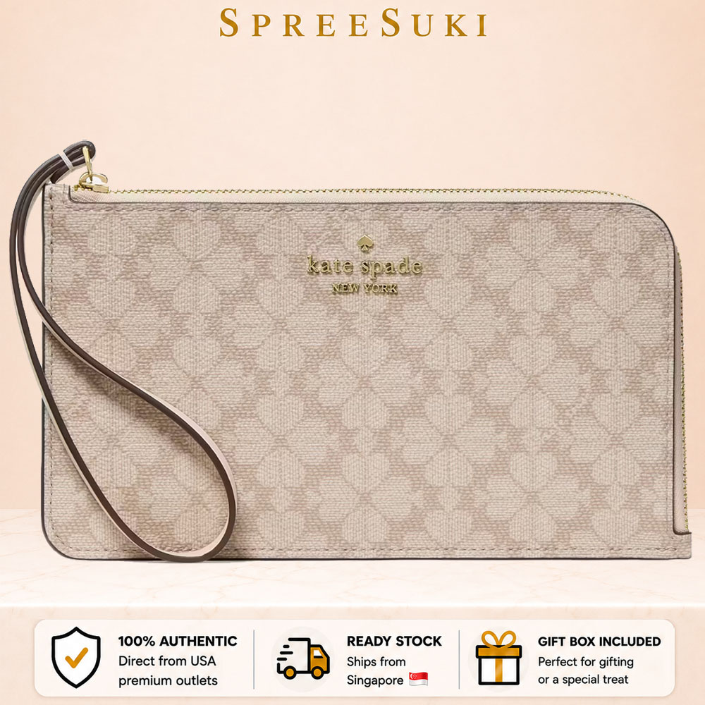 Kate Spade Large Wristlet Lucy Spade Flower Medium L-Zip Wristlet Dark Beige Moon Dust # KG487