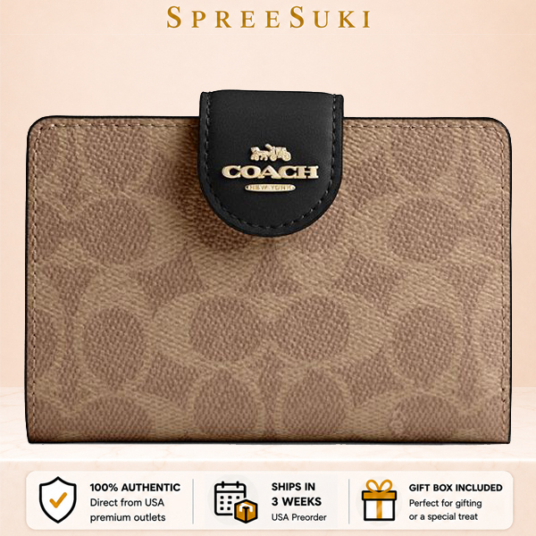 Coach Medium Corner Zip Wallet In Signature Canvas Tan Black Brown # CW786