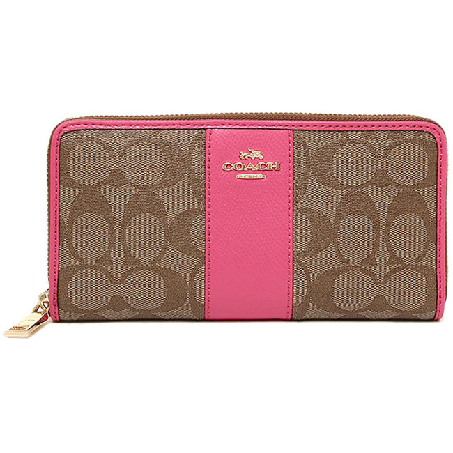 Coach Accordion Zip Wallet In Signature Canvas With Leather Gold / Khaki / Dahlia # F52859