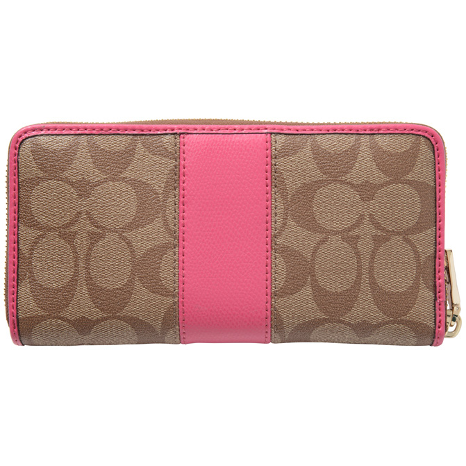 Coach Accordion Zip Wallet In Signature Canvas With Leather Gold / Khaki / Dahlia # F52859