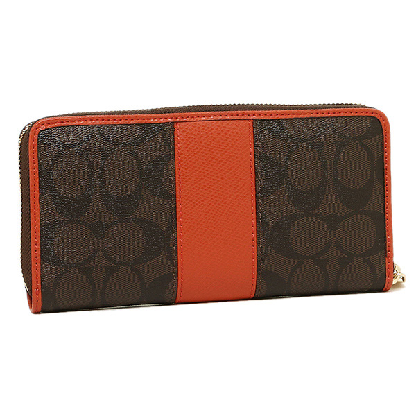 Coach Accordion Zip Wallet In Signature Coated Canvas With Leather Stripe Brown / Carmine # F52859