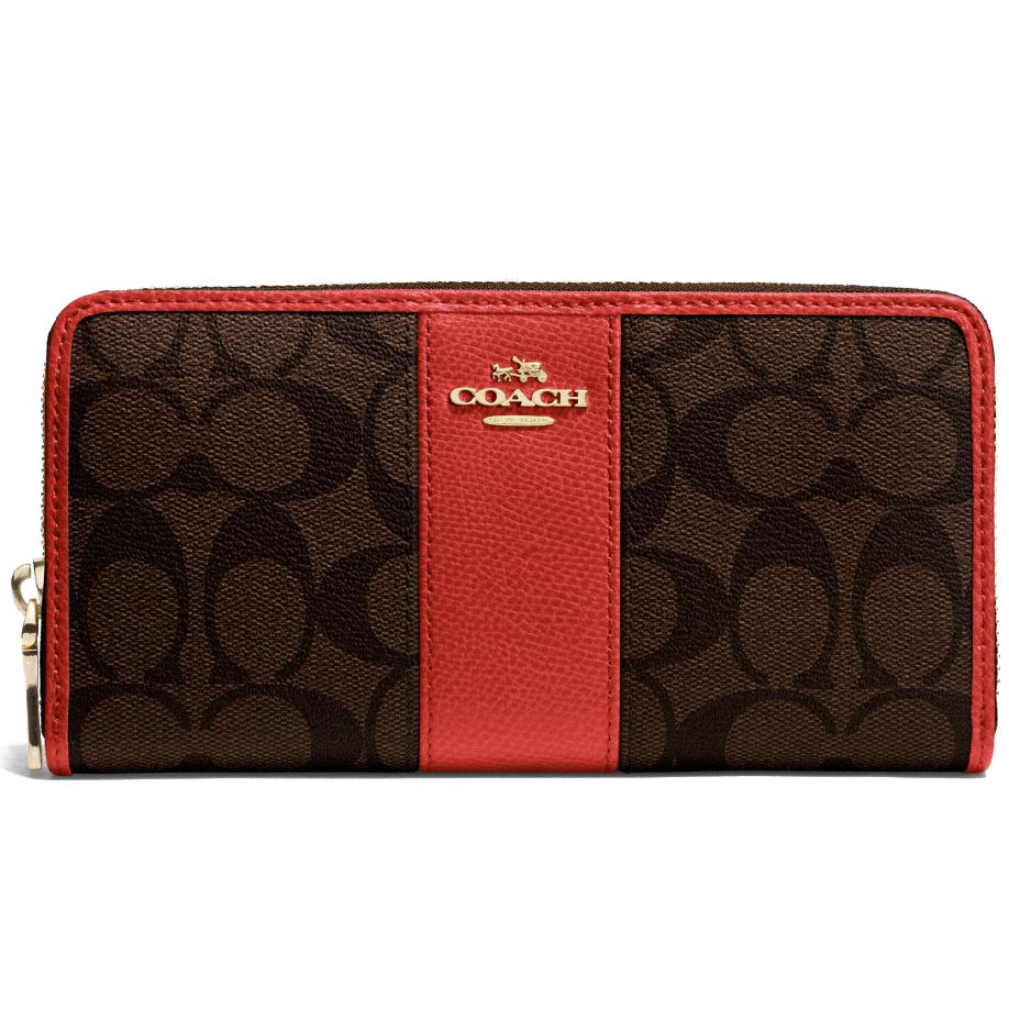 Coach Accordion Zip Wallet In Signature Coated Canvas With Leather Stripe Brown / Carmine # F52859